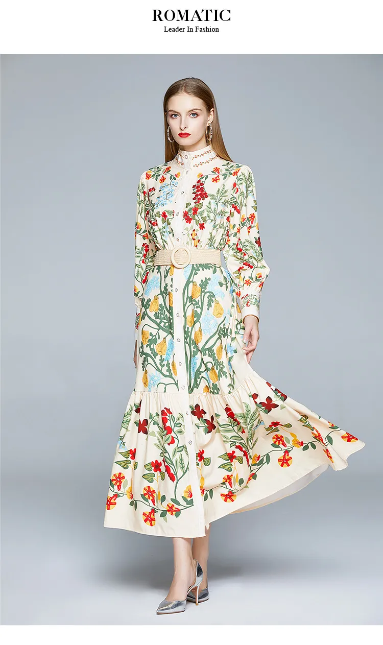 2023 Autumn Runway Maxi Dress Women's Long Sleeve Stand Gorgeous Flower Print Long Dress Female Buttons up Sashes Holidays Dress