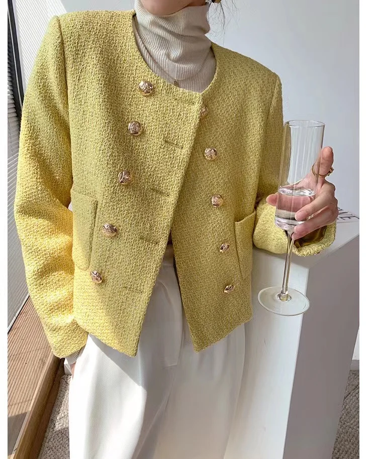 Autumn Winter Brand Luxury Tweed Short Jacket Coat Women Elegant French Golden Double Breasted Woolen Suit Casaco Outwear