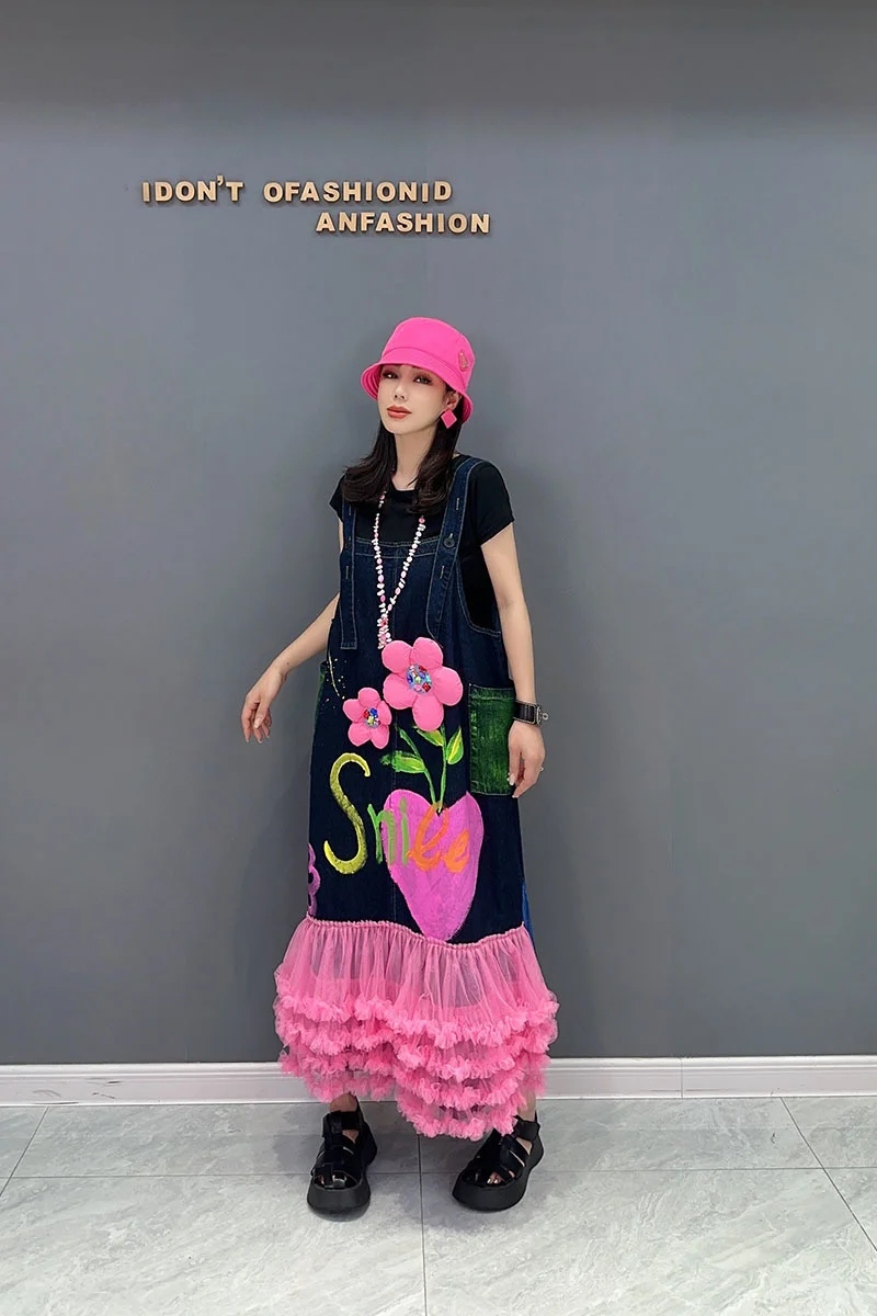 Chic Strap Dress Flower Spliced Blue Pink Casual Denim Panel Mesh Robe Women's 2023 Summer New Clothing R3504