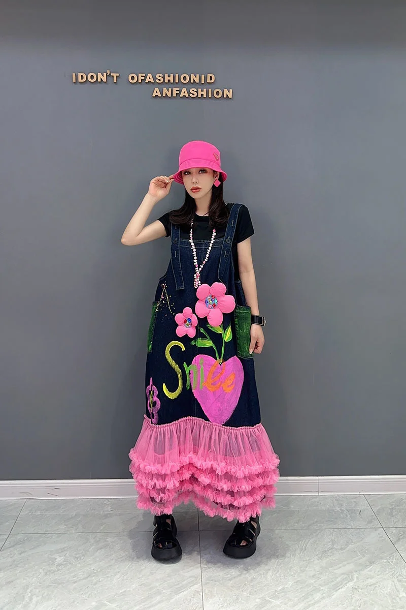 Chic Strap Dress Flower Spliced Blue Pink Casual Denim Panel Mesh Robe Women's 2023 Summer New Clothing R3504
