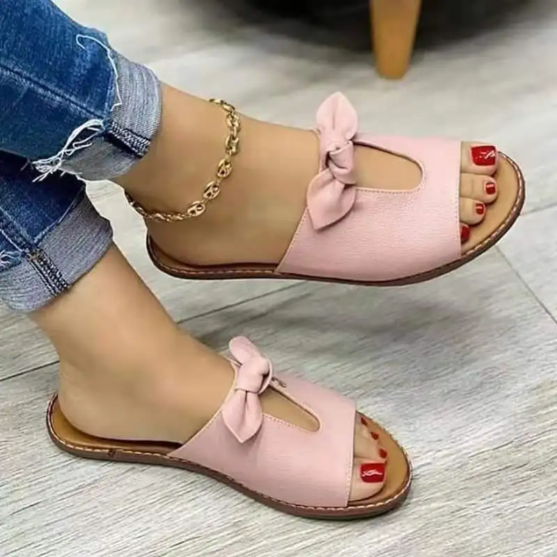 Summer Women Slippers Shoes Cute Butterfly-Knot Flats Casual Sandals Solid Color Beach Sandals Zapatillas Mujer Chaussure Femme