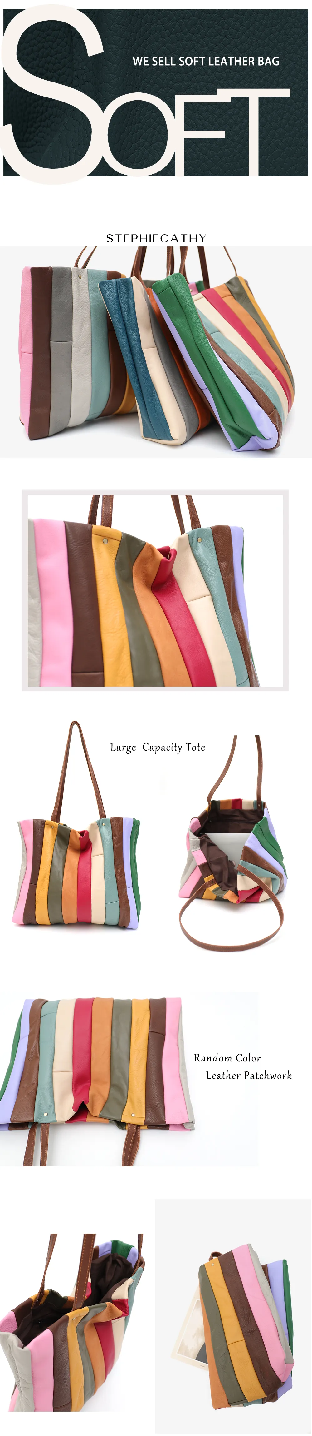 Large Capacity Tote Genuine Leather Laptop Shoulder Handbag Unique Design Colorful Cow skin Patchwork Purse Shopper Bag