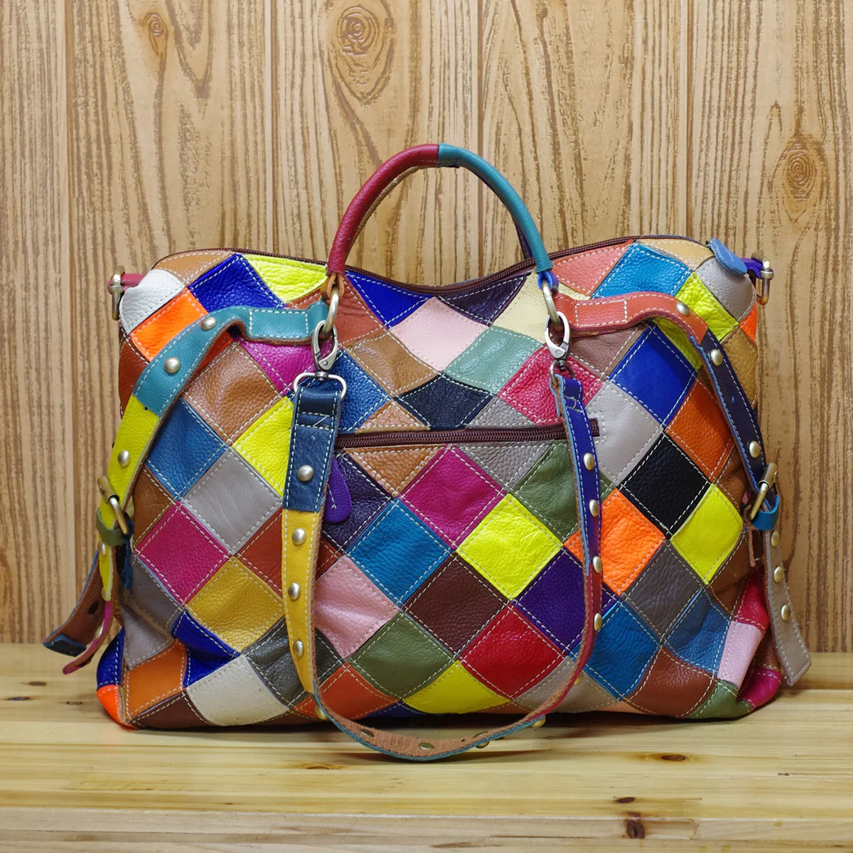 Leather cowhide color random color plaid color national style handbag shoulder crossbody bag Tote bag