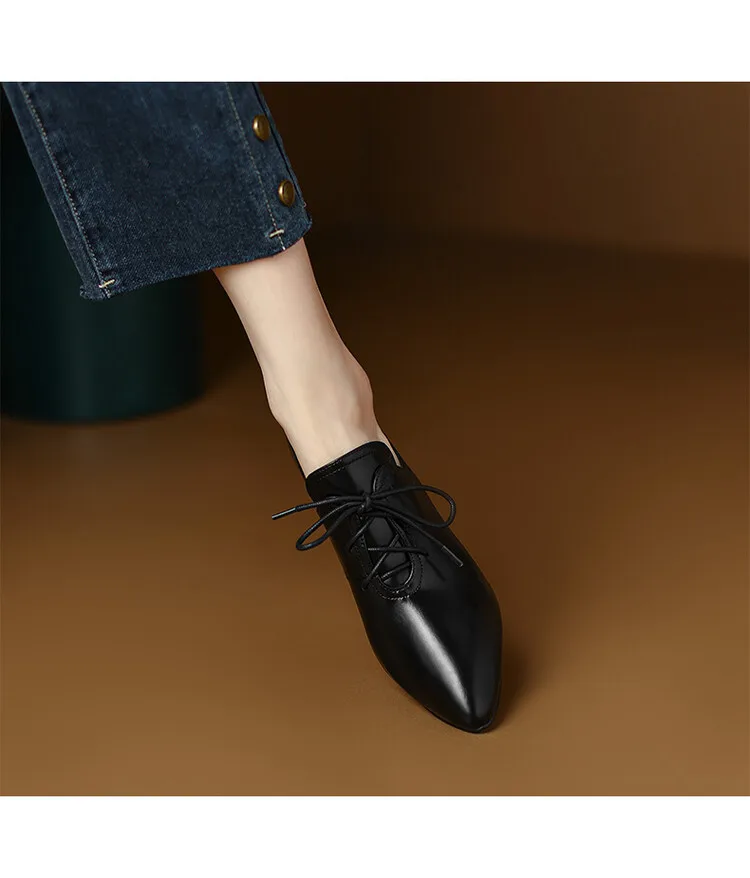 NEW Spring/Autumn Women Shoes Pointed Toe High heels Split Leather Chunky Heel Pumps Plus Size Retro Lace Up Black Shoes Women