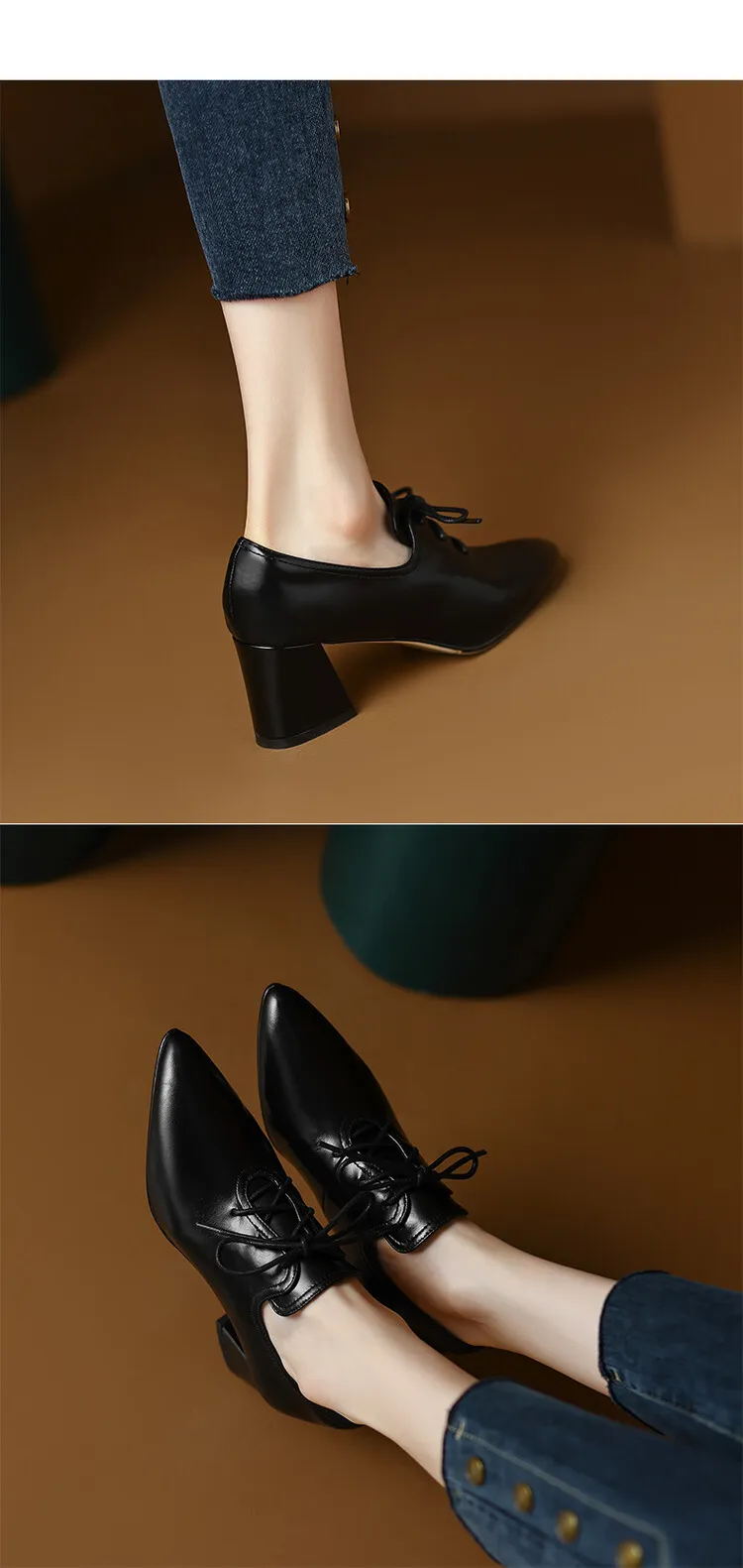 NEW Spring/Autumn Women Shoes Pointed Toe High heels Split Leather Chunky Heel Pumps Plus Size Retro Lace Up Black Shoes Women