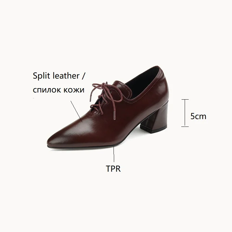 NEW Spring/Autumn Women Shoes Pointed Toe High heels Split Leather Chunky Heel Pumps Plus Size Retro Lace Up Black Shoes Women