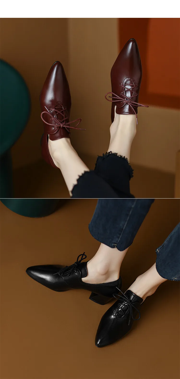 NEW Spring/Autumn Women Shoes Pointed Toe High heels Split Leather Chunky Heel Pumps Plus Size Retro Lace Up Black Shoes Women