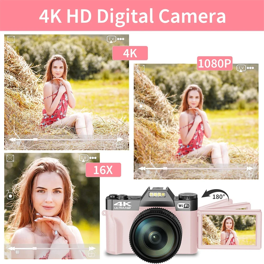 4K HD Pink Color Female Camera Digital Camera Flip Screen Vlog Selfie Camcorder Youtube Livestream WIFI Webcam Macro Photography