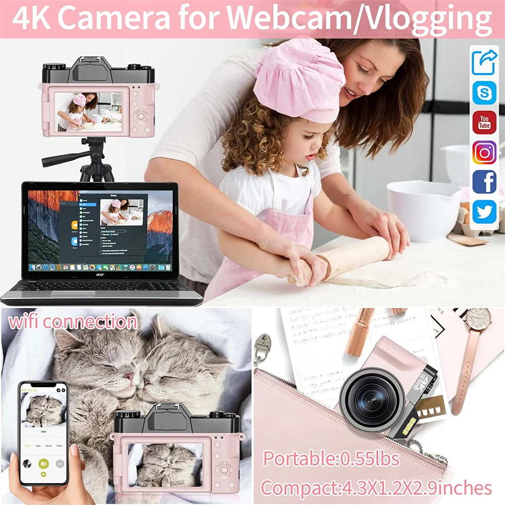 4K HD Pink Color Female Camera Digital Camera Flip Screen Vlog Selfie Camcorder Youtube Livestream WIFI Webcam Macro Photography