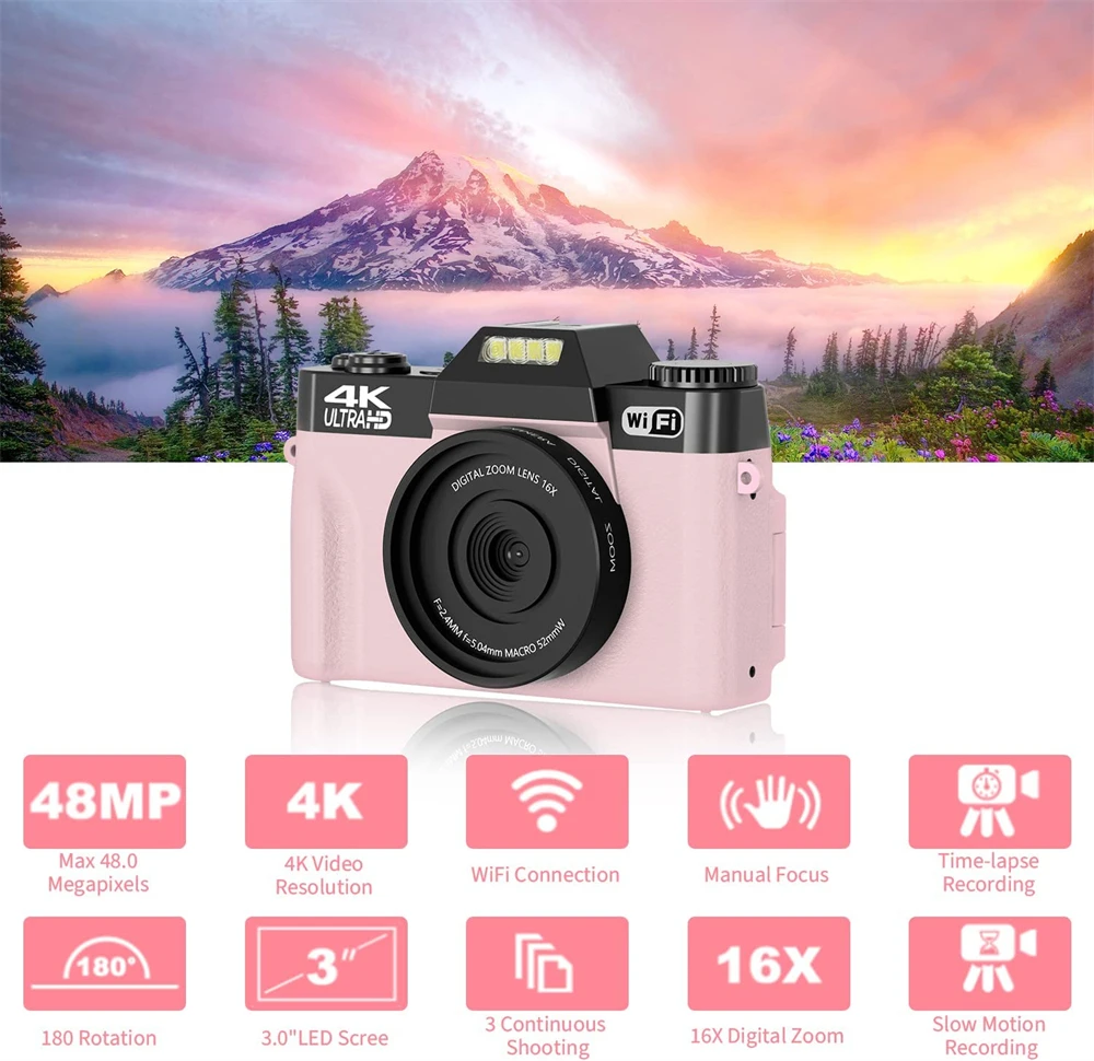 4K HD Pink Color Female Camera Digital Camera Flip Screen Vlog Selfie Camcorder Youtube Livestream WIFI Webcam Macro Photography