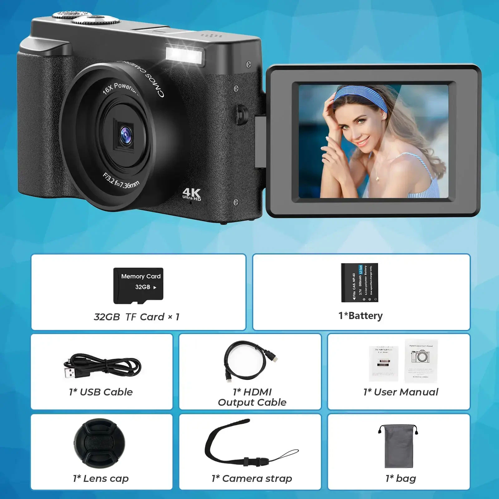 4K Digital Camera Photography Camera 48MP Autofocu Webcam Vlog Video Recorder Compact Cameras 180-Degree Rotation Flip Screen