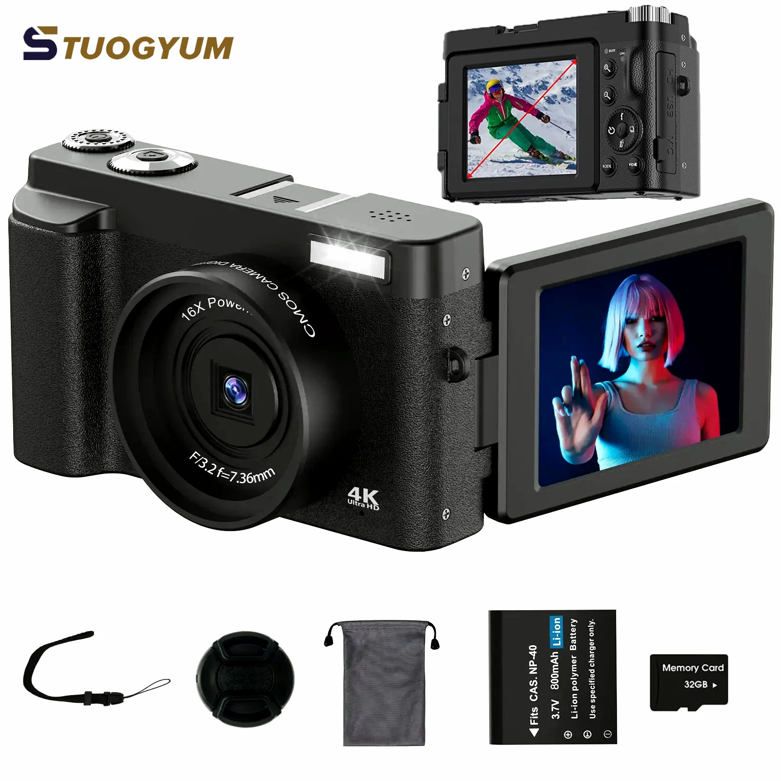 4K Digital Camera Photography Camera 48MP Autofocu Webcam Vlog Video Recorder Compact Cameras 180-Degree Rotation Flip Screen