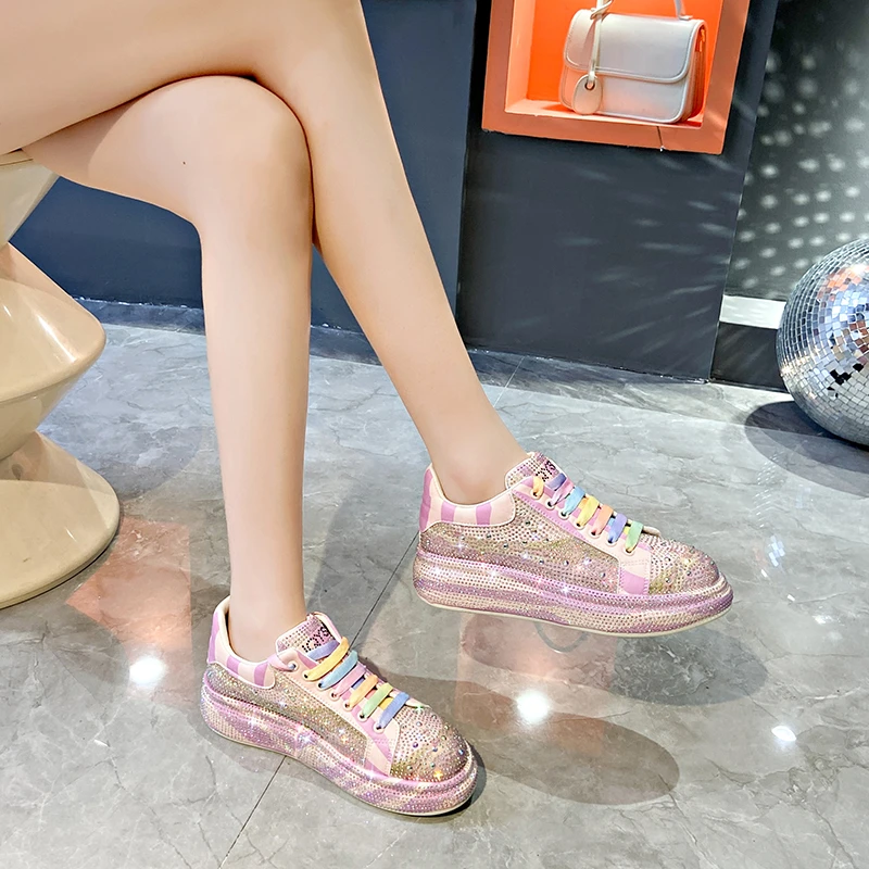 Women's Sneakers 2024 Fashion Autumn New Lace Up Rhinestones Bling Platform Shoes for Women Outdoor Ladies Casual Walking Shoes