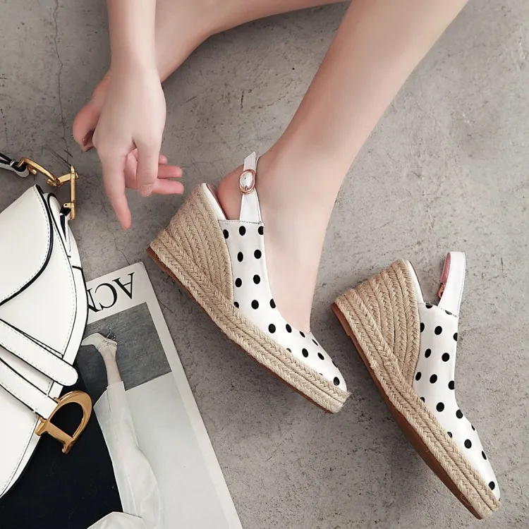 Polka dot women slingback wedges shoes platform pointed toe ankle strap high heel pumps office lady party wedding