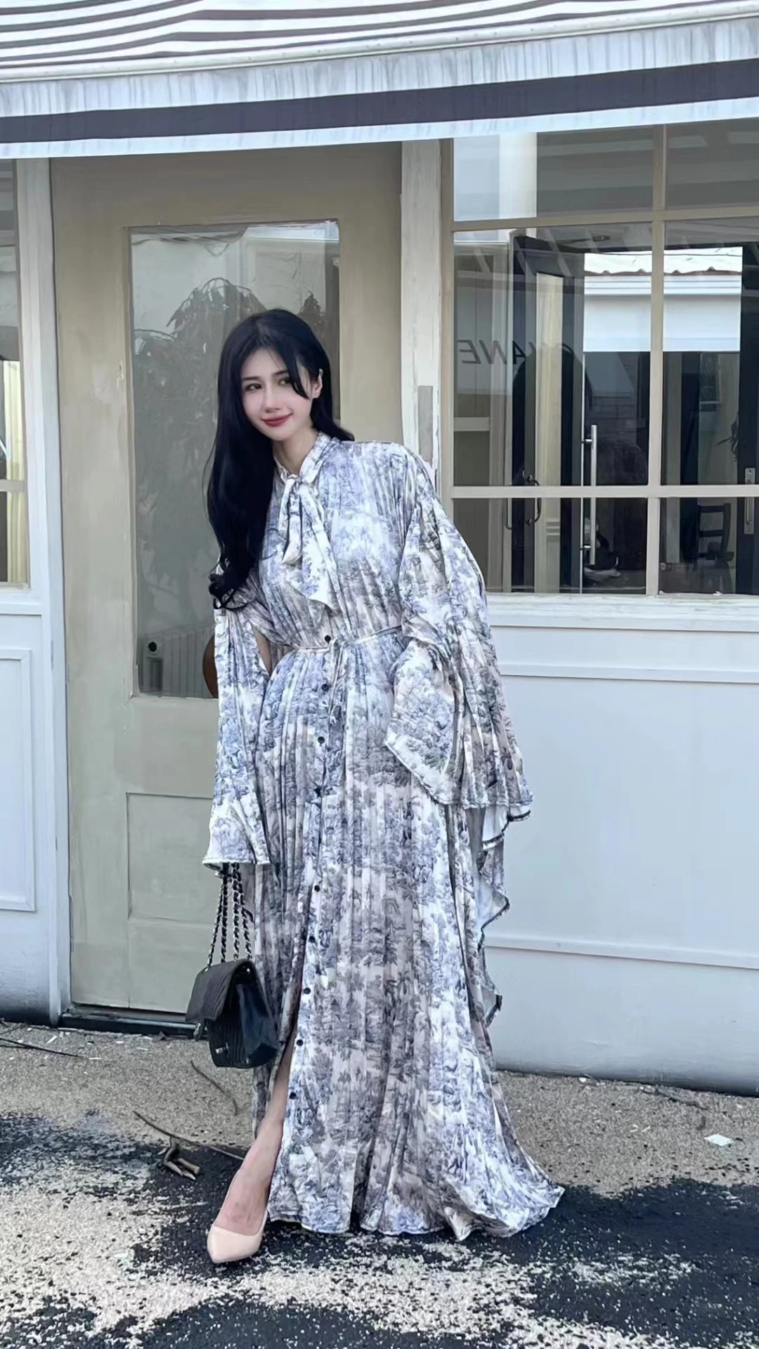 Contrast Color High-quality Party Dress For Women Autumn 2024 New Fashion Printed Batwing Sleeve Temperament A-line Evening Robe