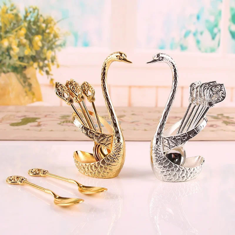 Home Strong and Sturdy Swan Fruit Fork Storage Kitchen Fashion Creative Metal Craft Tableware Silver Swan Spoon Set Spoons