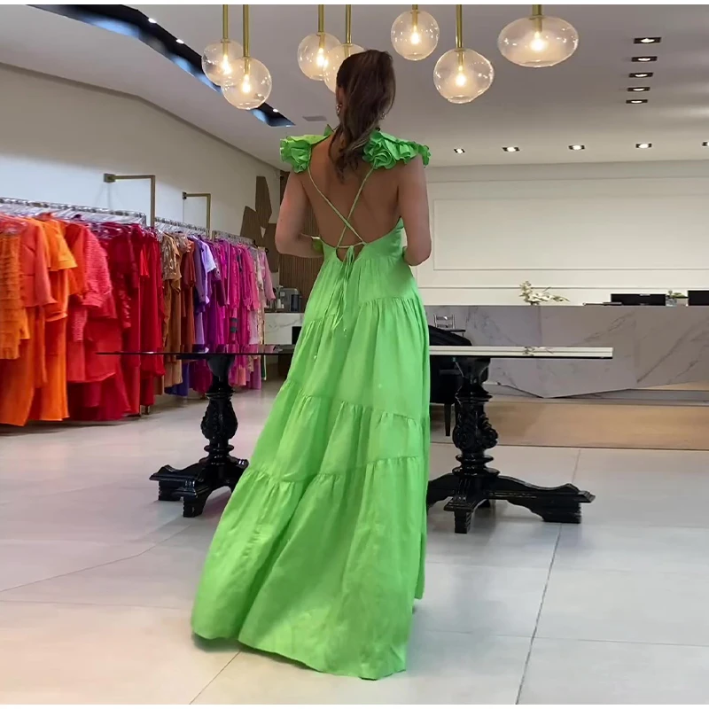 Lady Elegant V-neck Bow Shoulder Maxi Dress Fashion Solid Lace Up Sleeveless Backless Vestidos 2024 Women Casual High Streetwear