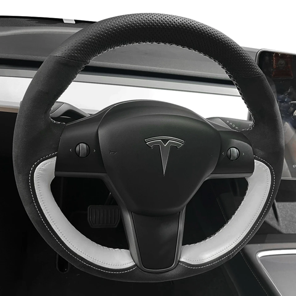 Car Steering Wheel Cover For Tesla Model 3 2017-2022 Customized Auto Interior Accessories White DIY Steering Wheel Braid
