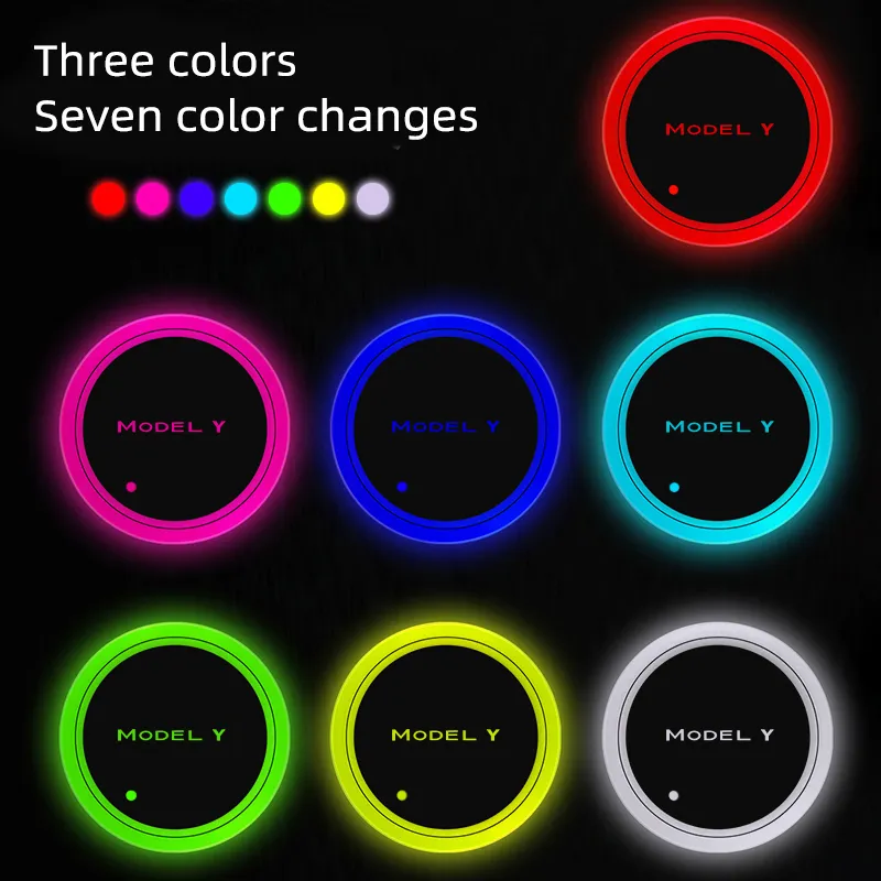 Car Luminous Water Coaster for Tesla Model Y 2021 2022 Car Accessories Non-slip Water Cup Coaster with LED Light