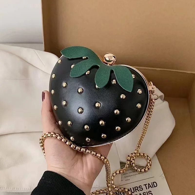 Cute Fruit Strawberry Heart Shape Pu Rivet Mini Fashion Ladies Chain Purse Clutch Bag Shoulder Bag Tote Female Flap Handbag Q5