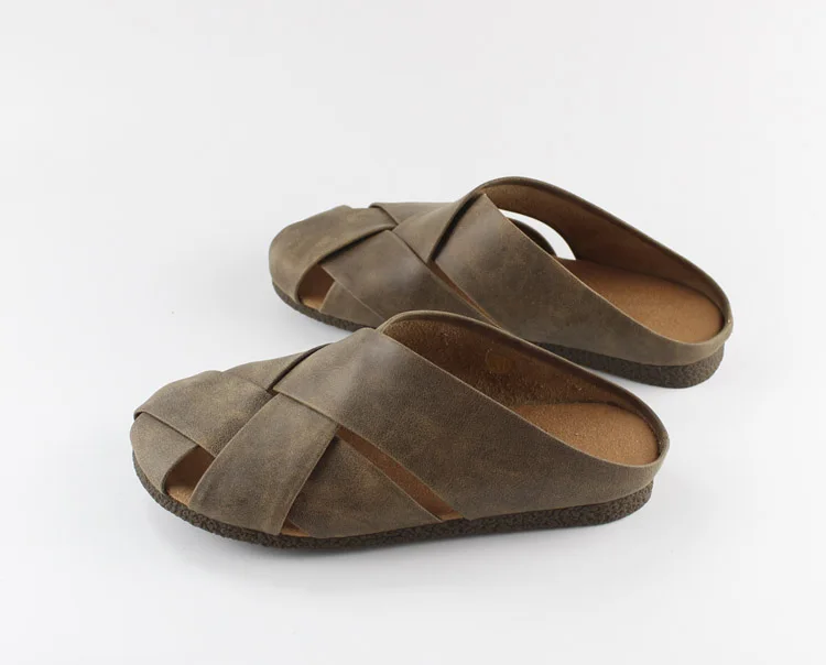 Pure handmade Retro Lazy Half Slippers Women Wear Hollow Baotou Low Heel big size Flat Bottom Slippers,size 35-42