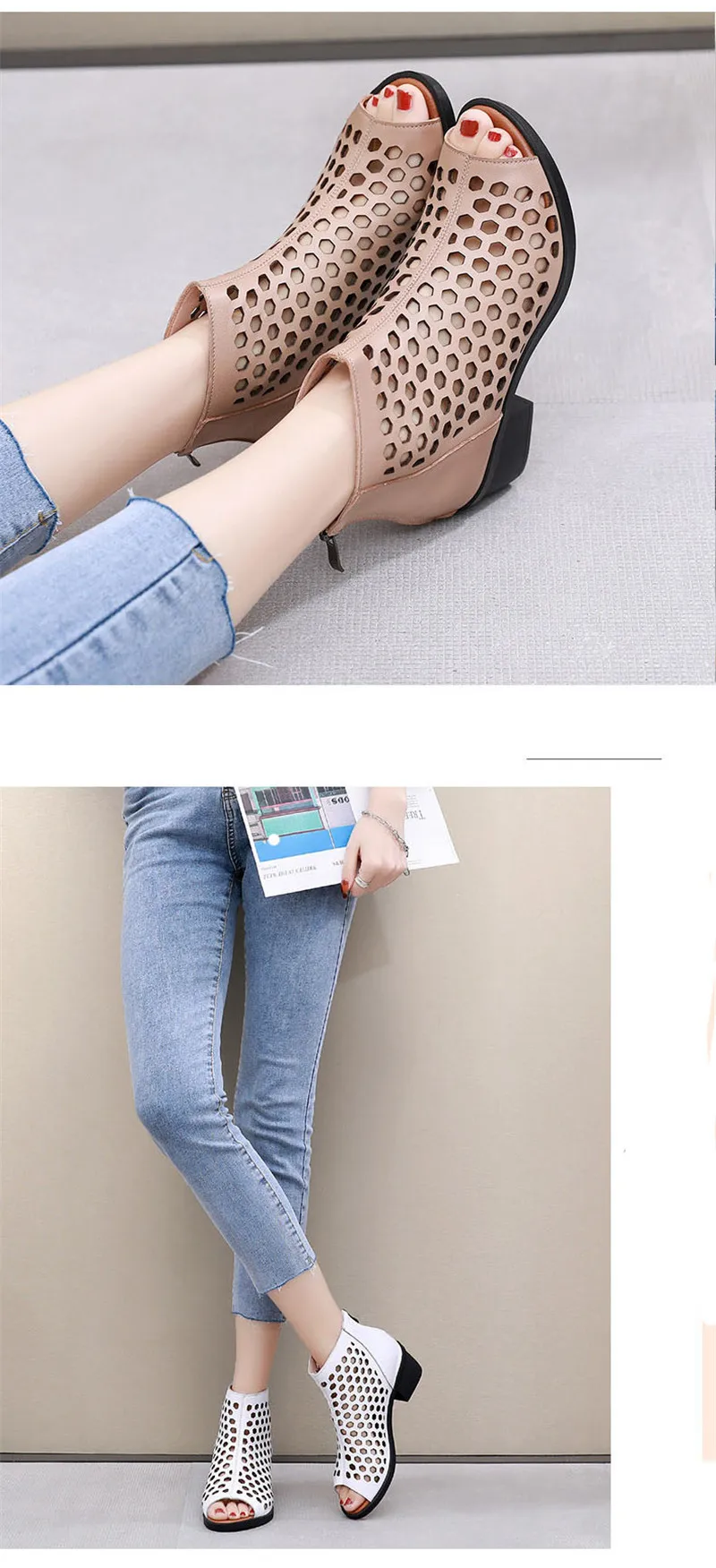 Women Summer Sandal Back zip 4.5cm Square High Heel Hollowout Peep Toe Retro Dress Shoe size43 Genuine Leather Gladiator