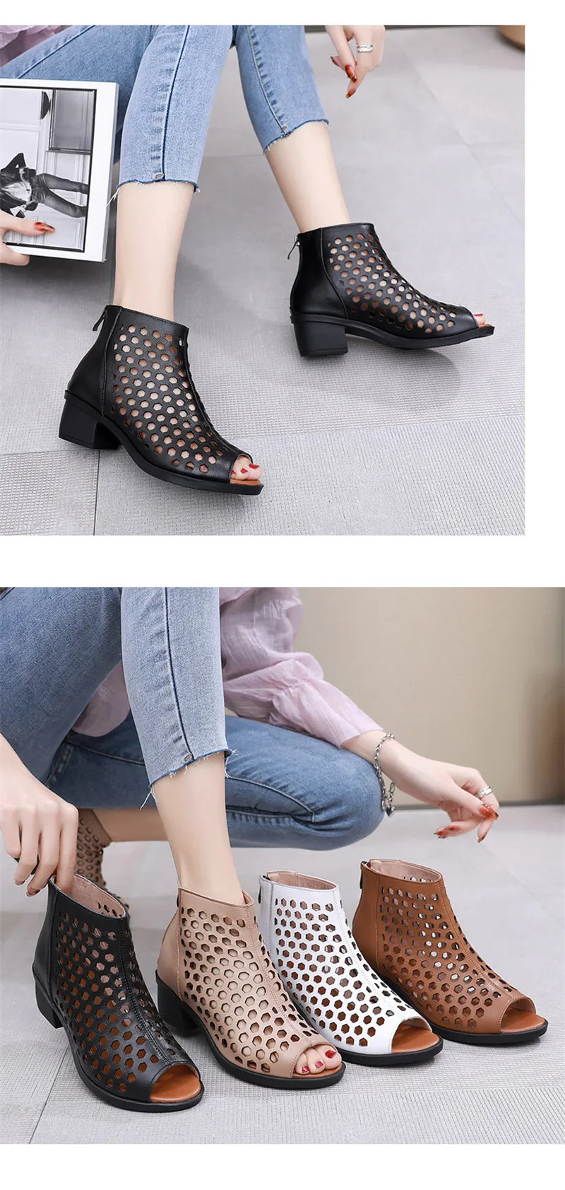 Women Summer Sandal Back zip 4.5cm Square High Heel Hollowout Peep Toe Retro Dress Shoe size43 Genuine Leather Gladiator