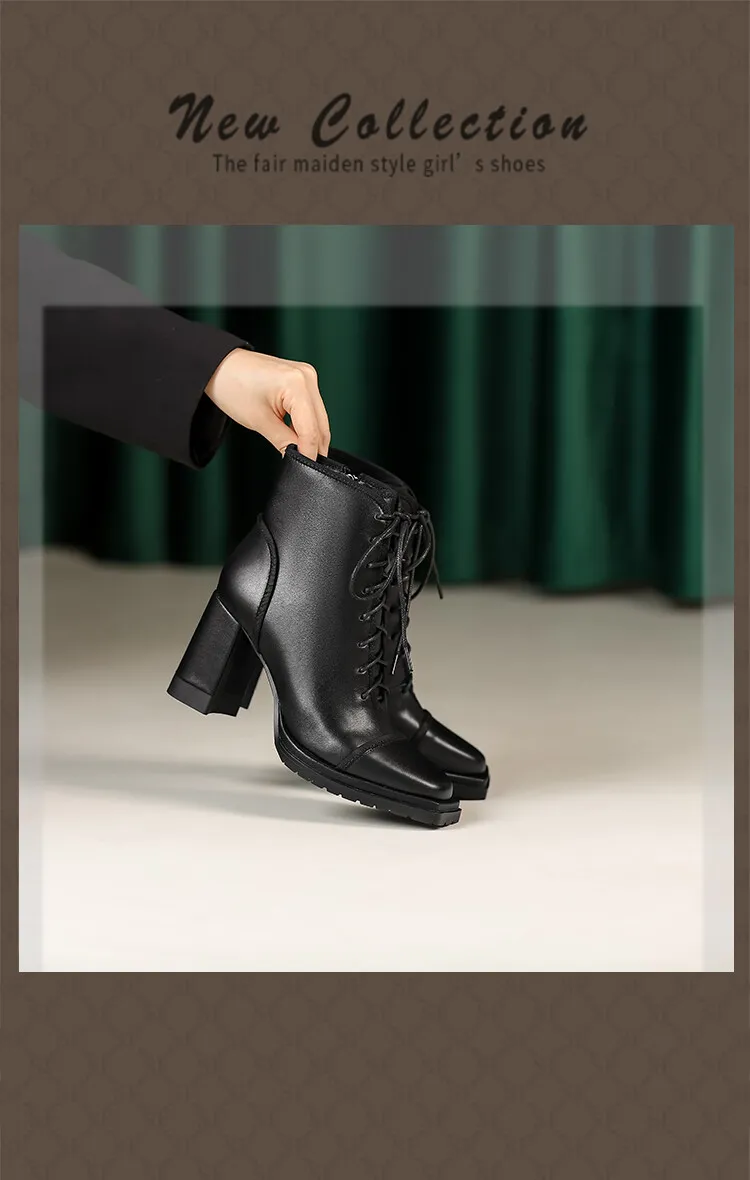 NEW Fall Shoes Women Square Toe Chunky Boots for Women Winter Genuine Leather Boots High Heel Platform Boots Elegent Girl Shoes