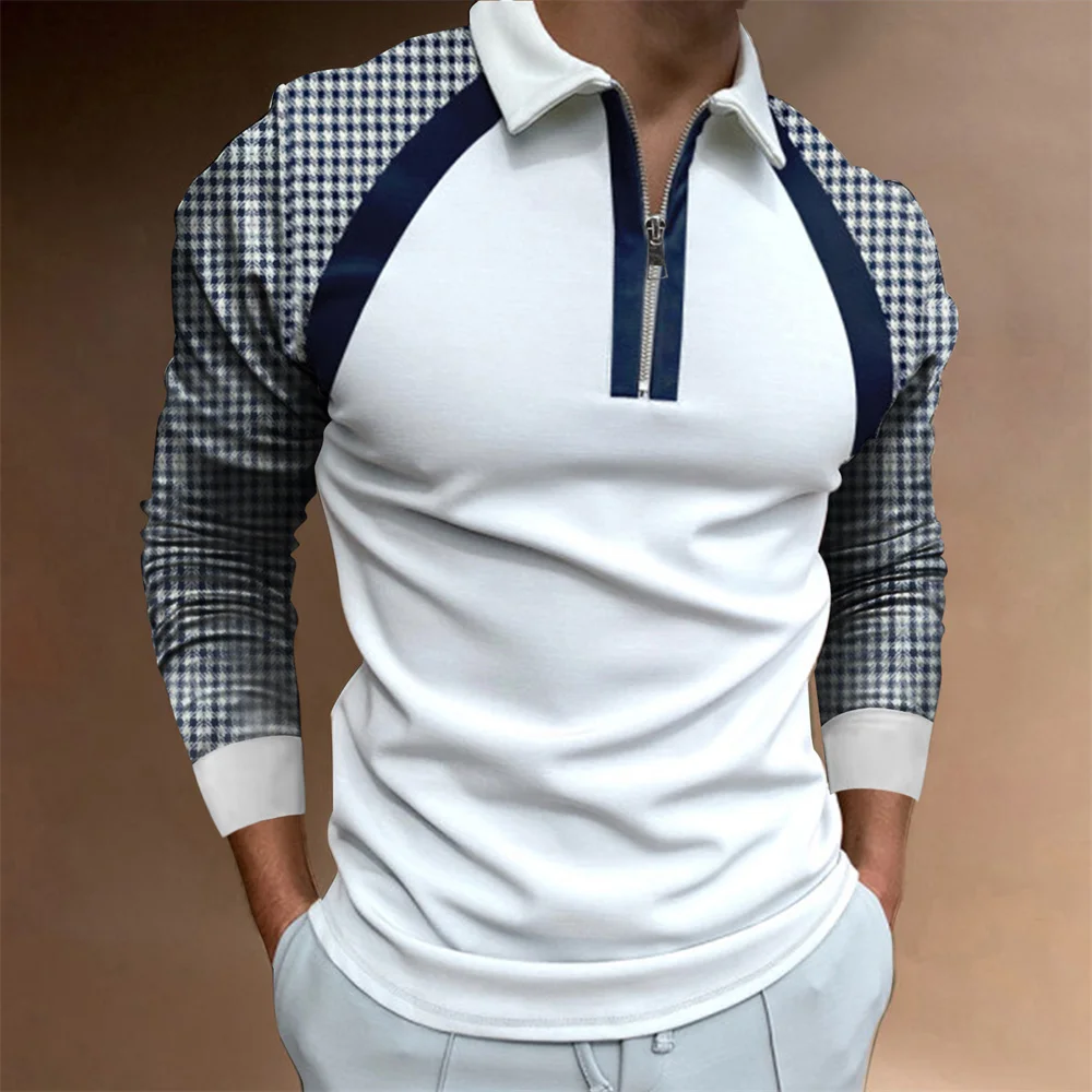 Long -sleeved Men's Casual Simple Plaid Digital Printing POLO