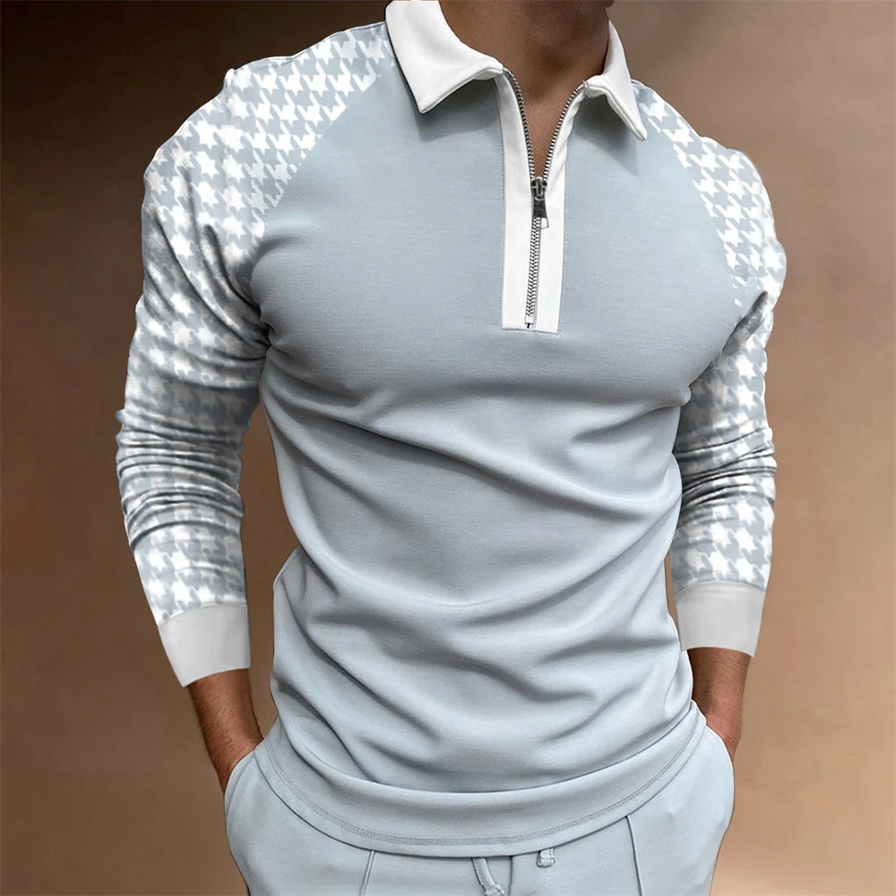 Long -sleeved Men's Casual Simple Plaid Digital Printing POLO