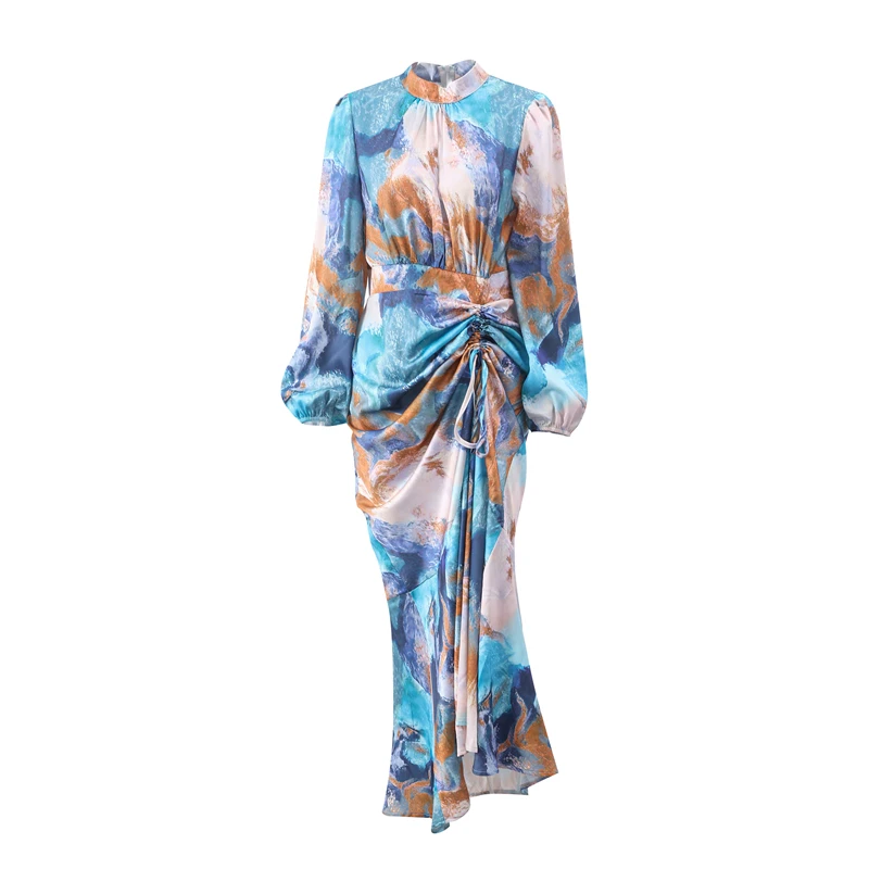 Colorful Printed Pleated Dress Women Half High Collar Long Lantern Sleeves Dresses Female Fashion Drawstring Slim Commuter Robe