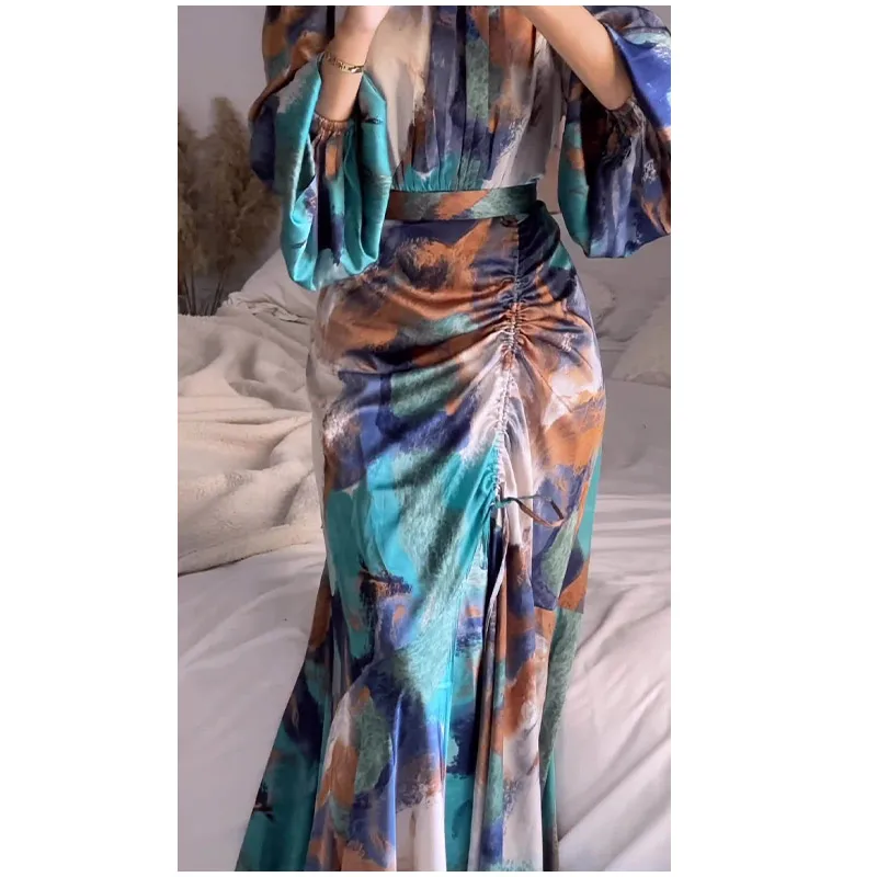 Colorful Printed Pleated Dress Women Half High Collar Long Lantern Sleeves Dresses Female Fashion Drawstring Slim Commuter Robe