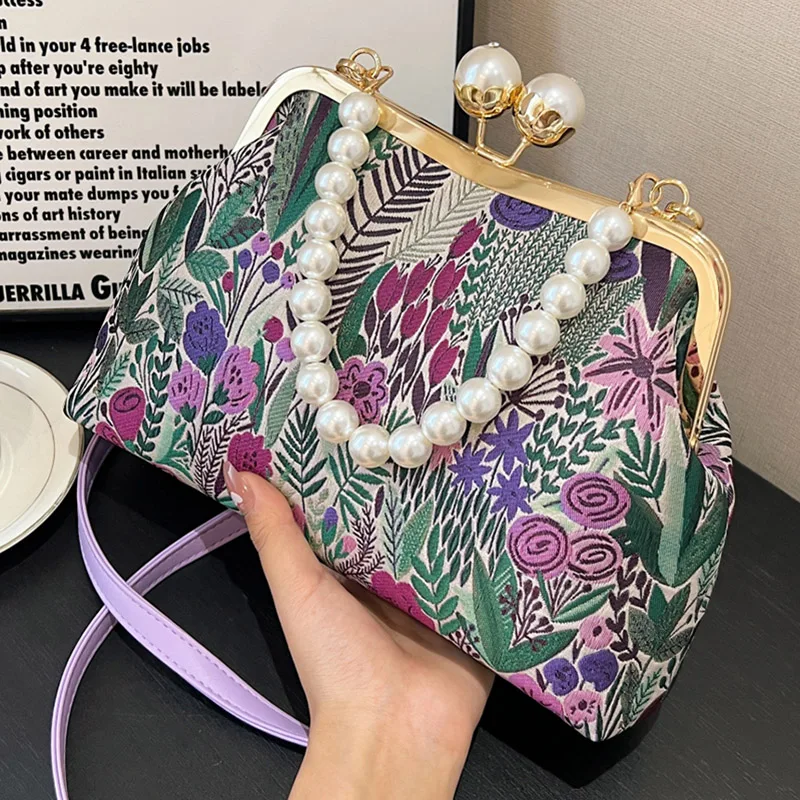 Elegant Women Green Pink Shoulder Bags Canvas Shell Clips Fashion Lady Pearls Handbag Daily Retro All-match Chain Crossbody Bags