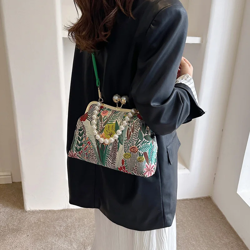 Elegant Women Green Pink Shoulder Bags Canvas Shell Clips Fashion Lady Pearls Handbag Daily Retro All-match Chain Crossbody Bags