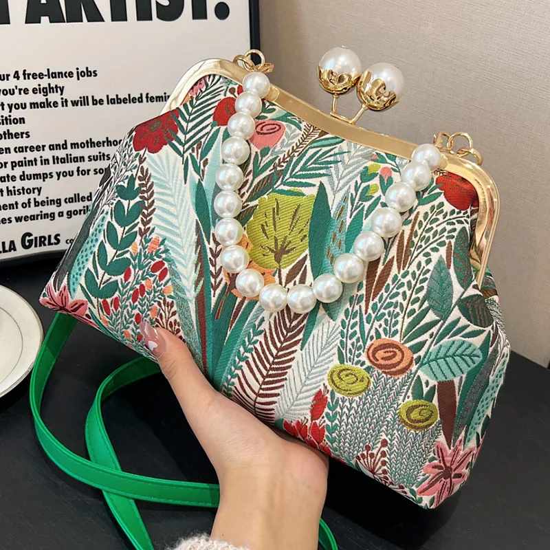 Elegant Women Green Pink Shoulder Bags Canvas Shell Clips Fashion Lady Pearls Handbag Daily Retro All-match Chain Crossbody Bags