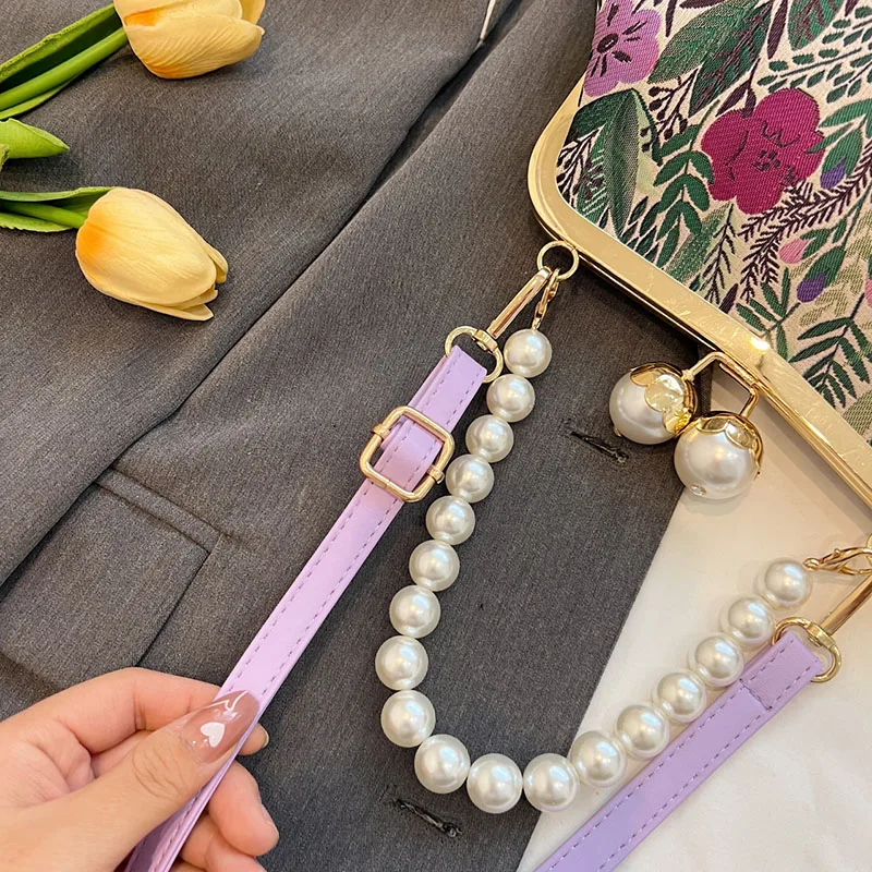 Elegant Women Green Pink Shoulder Bags Canvas Shell Clips Fashion Lady Pearls Handbag Daily Retro All-match Chain Crossbody Bags