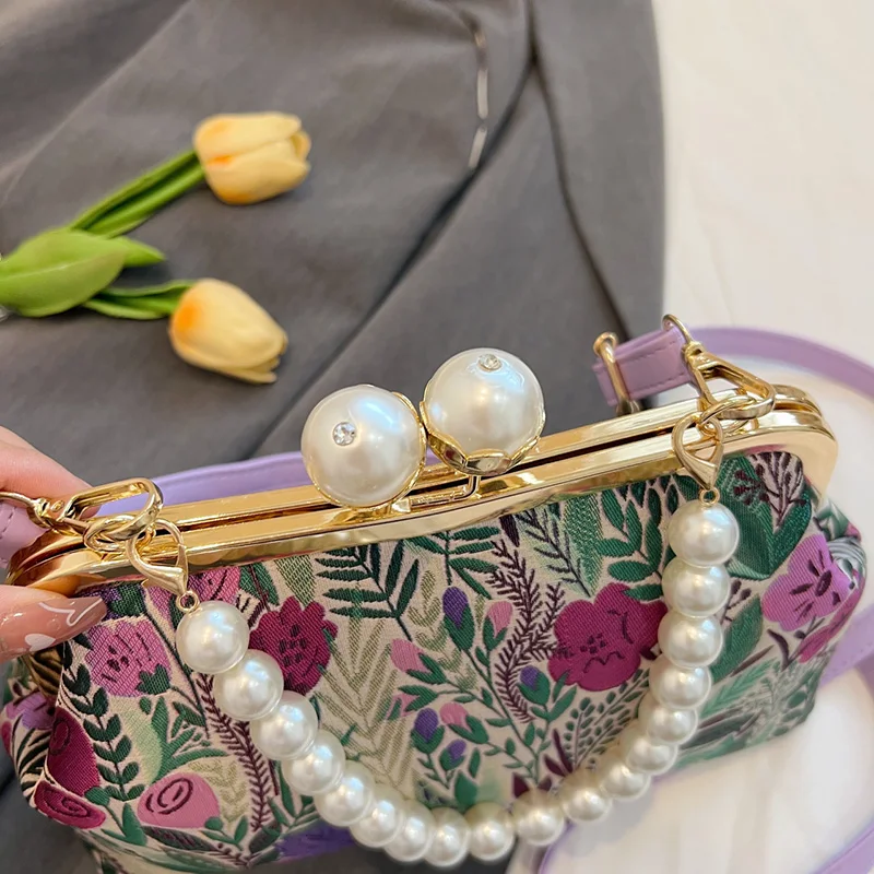 Elegant Women Green Pink Shoulder Bags Canvas Shell Clips Fashion Lady Pearls Handbag Daily Retro All-match Chain Crossbody Bags