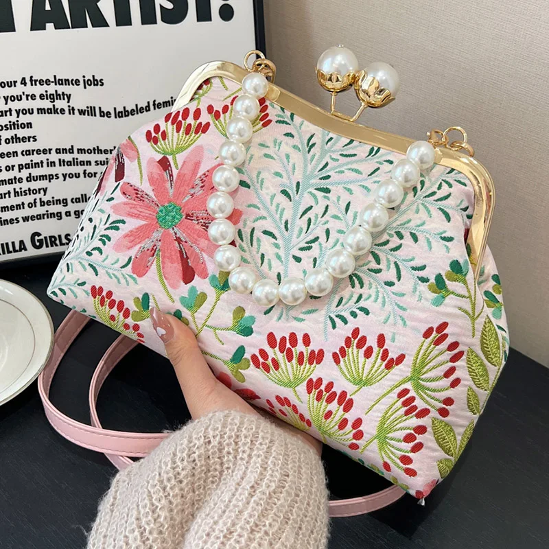 Elegant Women Green Pink Shoulder Bags Canvas Shell Clips Fashion Lady Pearls Handbag Daily Retro All-match Chain Crossbody Bags