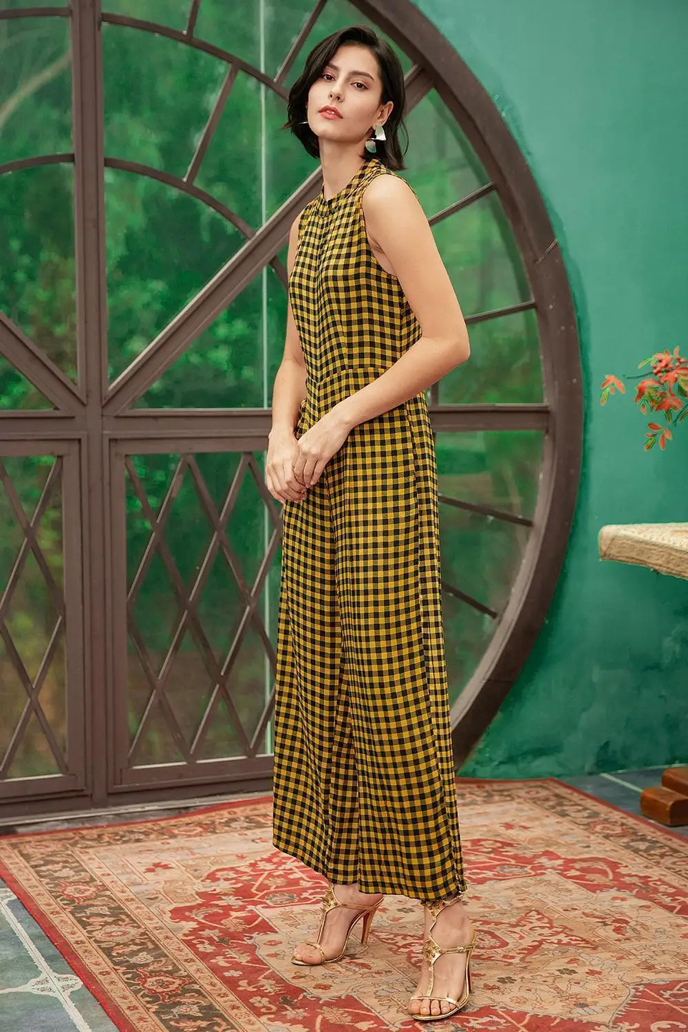 Women's Yellow Plaid Jumpsuit Mock Neck Wide Leg One Piece Romper Sleeveless Autumn Fall Outfits Female Playsuit Onesies  Cloth