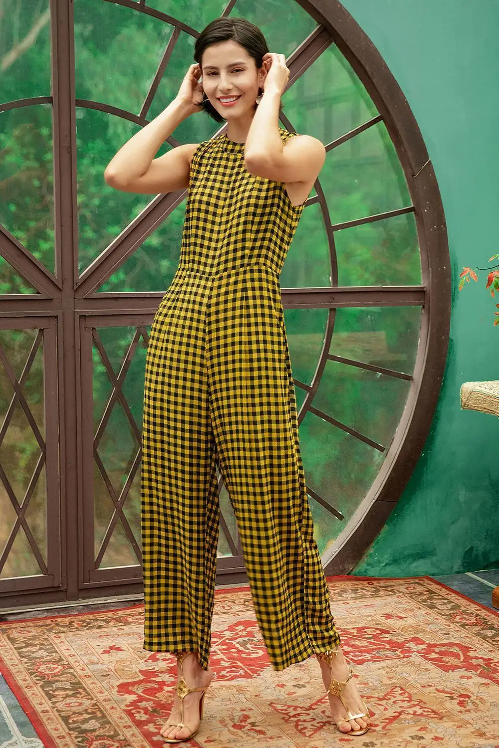 Women's Yellow Plaid Jumpsuit Mock Neck Wide Leg One Piece Romper Sleeveless Autumn Fall Outfits Female Playsuit Onesies  Cloth