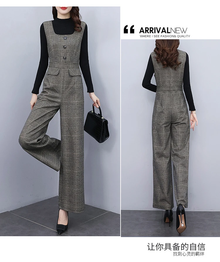 Korean Autumn Winter Plaid Woolen Jumpsuit Women High Waist Office Lady Jumpsuits Combinaison Femme Elegant Overalls