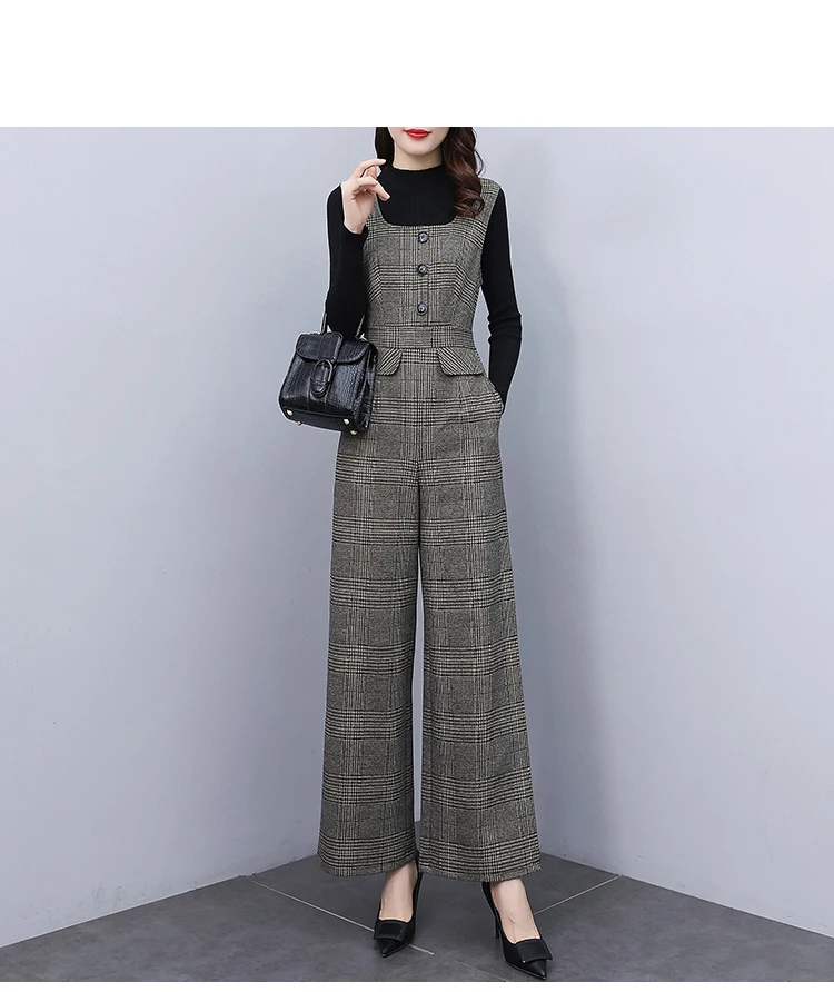 Korean Autumn Winter Plaid Woolen Jumpsuit Women High Waist Office Lady Jumpsuits Combinaison Femme Elegant Overalls