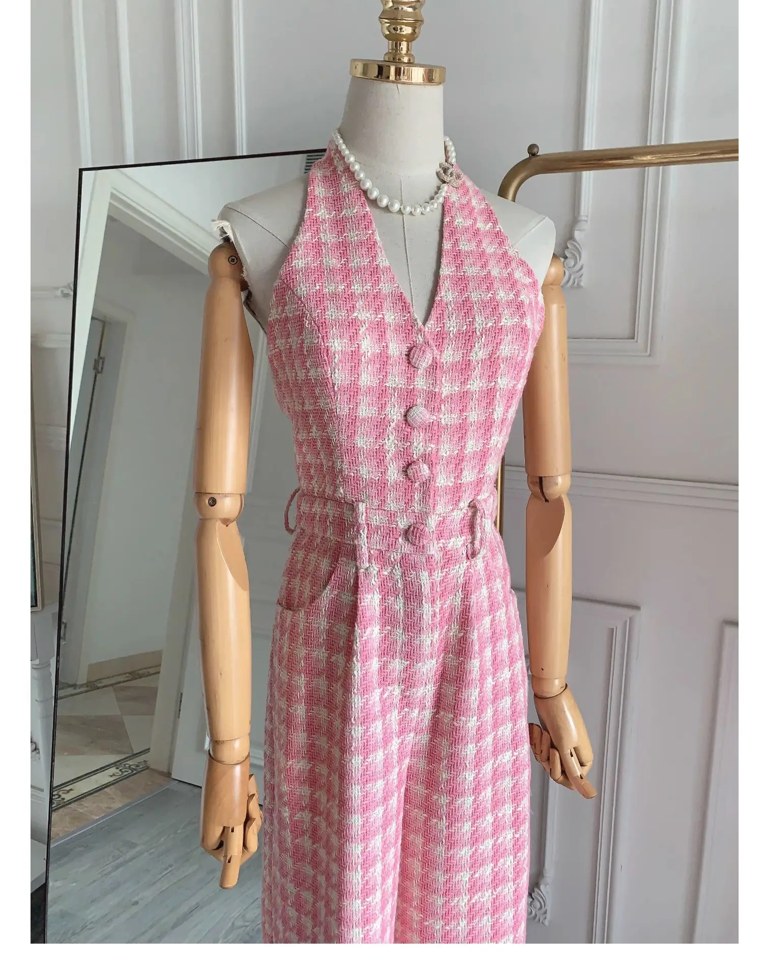 Fashion Sexy Pink Plaid Jumpsuit Women's 2023 Summer Autumn New High Quality Tweed Hanging Neck Wide Leg Pants Elegant Set