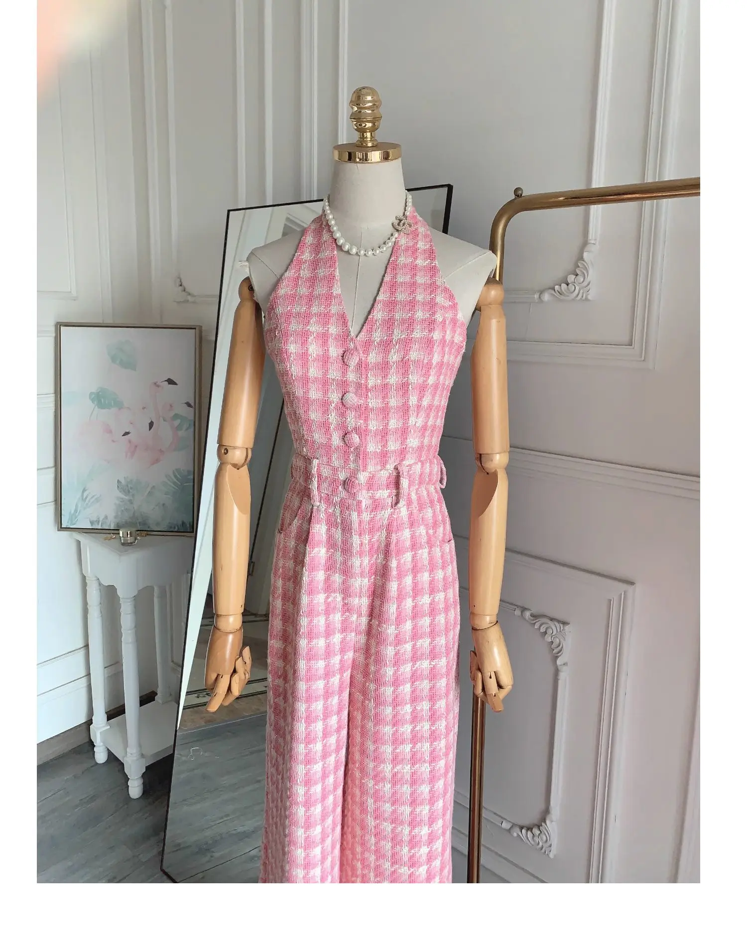 Fashion Sexy Pink Plaid Jumpsuit Women's 2023 Summer Autumn New High Quality Tweed Hanging Neck Wide Leg Pants Elegant Set