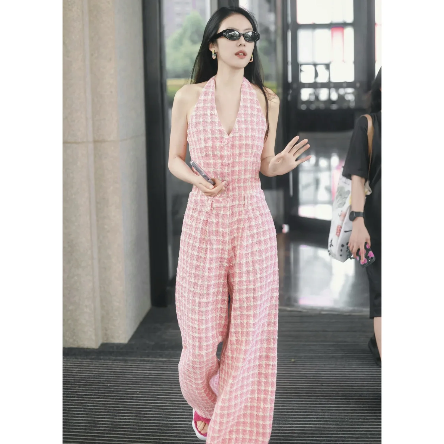 Fashion Sexy Pink Plaid Jumpsuit Women's 2023 Summer Autumn New High Quality Tweed Hanging Neck Wide Leg Pants Elegant Set