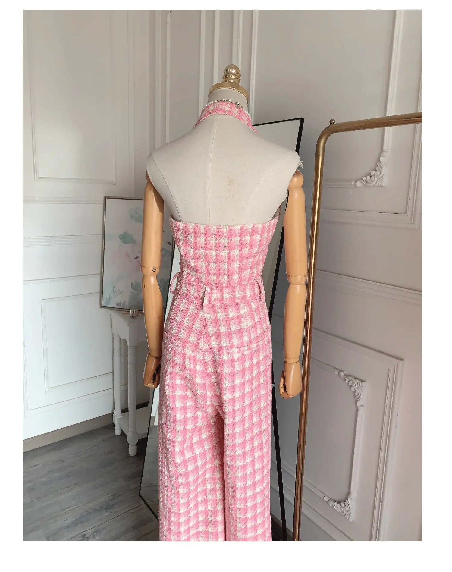 Fashion Sexy Pink Plaid Jumpsuit Women's 2023 Summer Autumn New High Quality Tweed Hanging Neck Wide Leg Pants Elegant Set