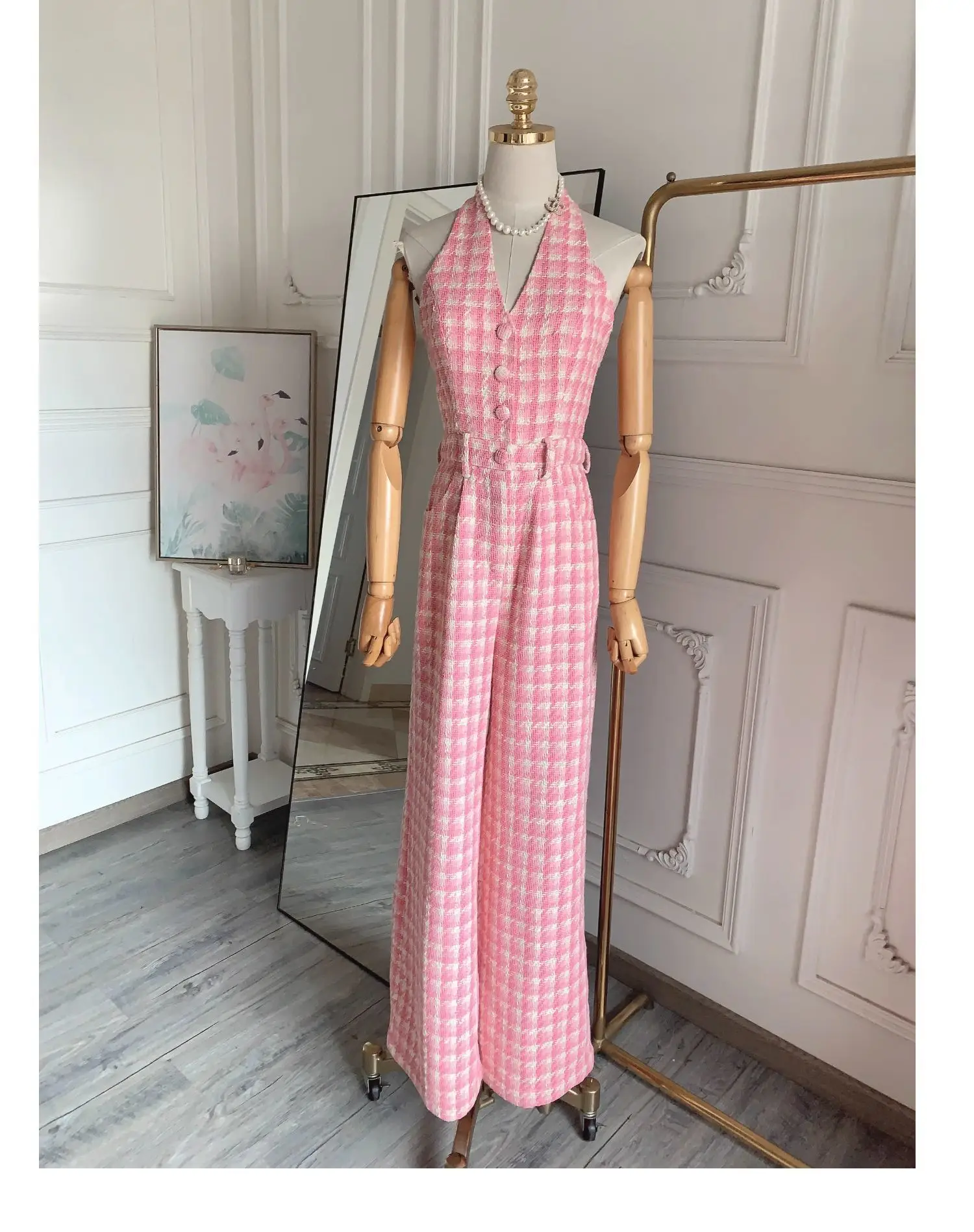 Fashion Sexy Pink Plaid Jumpsuit Women's 2023 Summer Autumn New High Quality Tweed Hanging Neck Wide Leg Pants Elegant Set