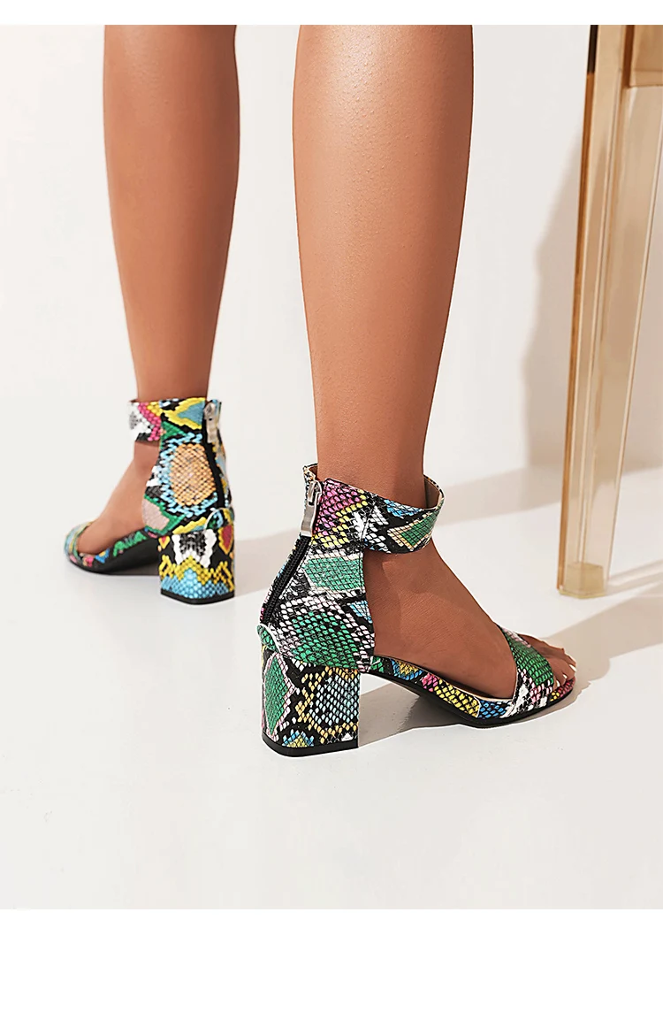 Oversized Floral Snake Print Sexy Peep Toe Sandals Plaid Chunky Heel Back Zipper Summer Party Cheap Women's Sandals