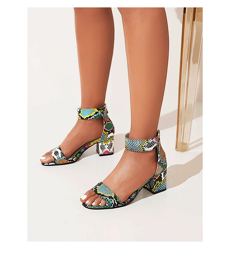 Oversized Floral Snake Print Sexy Peep Toe Sandals Plaid Chunky Heel Back Zipper Summer Party Cheap Women's Sandals