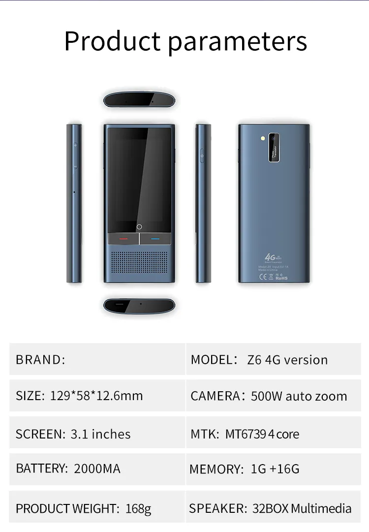 Z6 AI Voice Translator 117 Languages 3.1inch IPS Screen 4G SIM Card Internet 8G Memory Recording Intelligent Translated